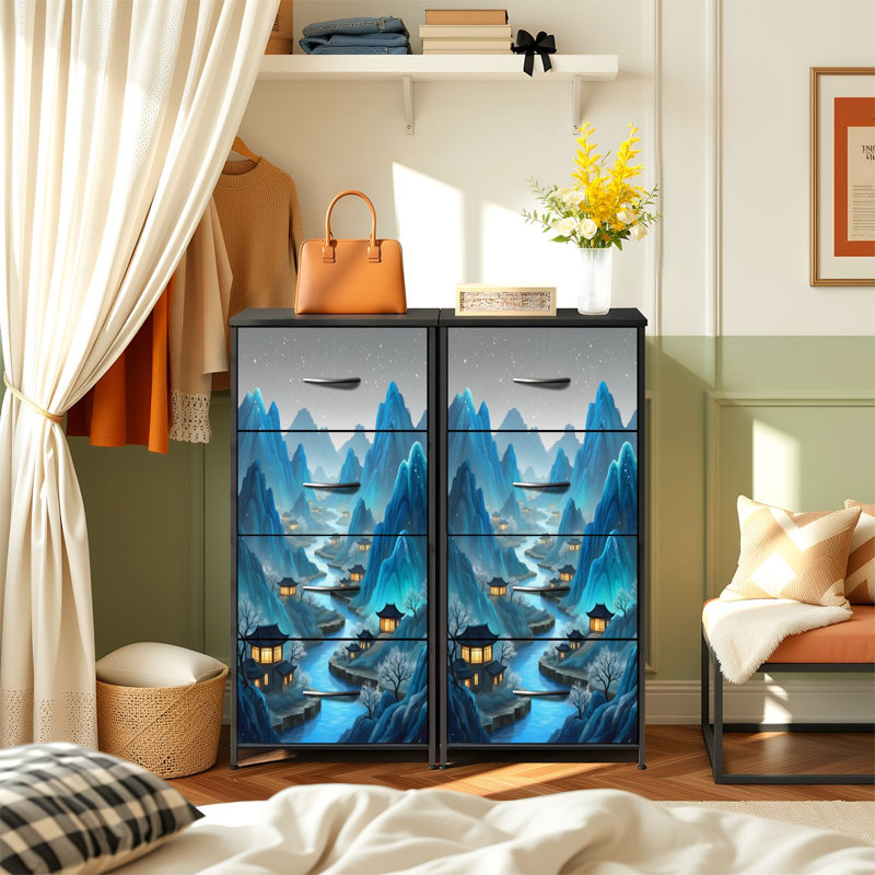 Commode pour chambre à coucher avec 4 tiroirs de rangement Serene Mountain Landscape River Traditional Chinese Architecture Commodes de nuit Commode en tissu avec cadre en acier pour vestibule