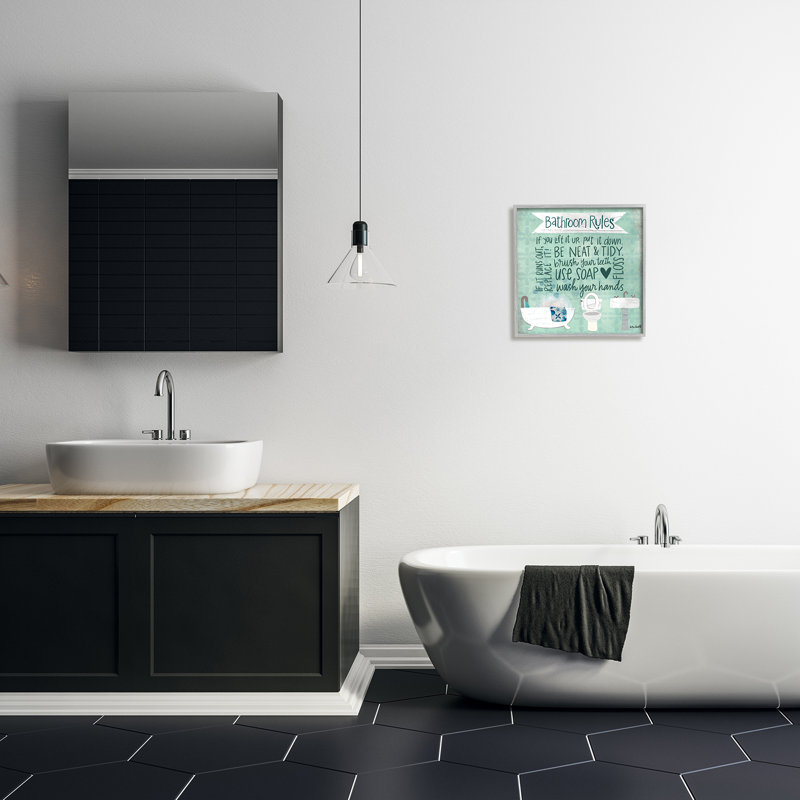" Aqua Blue Bathroom Rules Collage Look Typography " by Katie Doucette, 17" W x 17" H, Grey Framed