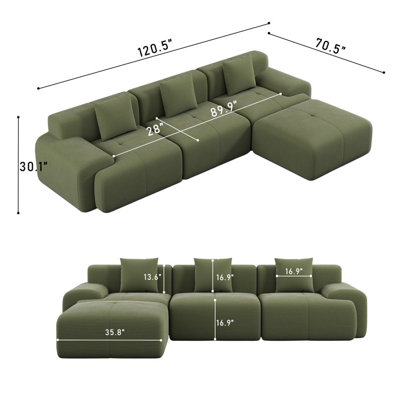 Boneless 120''W Mordern Design L Shpaed Corduroy Sectional Sleeper Compression Sofa With Ottoman, Green