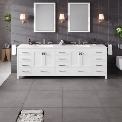 Aberdeen 96 In. White Double Sink  Bath Vanity With Carrara Quartz Top And Undermount Porcelain Sinks
