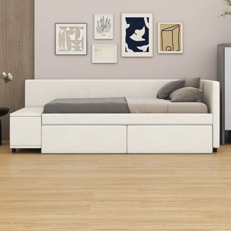 Lit plateforme tapissier simple - rangement et tiroirs inclus, Beige