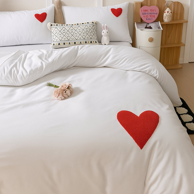 Tufted Embroidered Heart Duvet Cover Set (No Insert) Soft Comforter Cover Set with Cute Red Heart Design, 3 Piece Bedding Set with Pillowcases,Heart Embroidered Duvet Cover Set with Pillowcases, Soft Microfiber Bedding Set, Gift for Mother’s Day