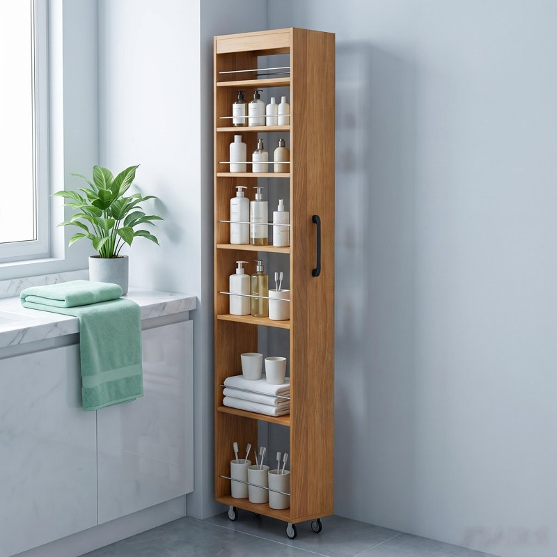 Armoire de rangement roulante mince avec tablettes à 7 niveaux, organisateur de salle de bain coulissant haut et étroit de 71 po sur roulettes avec poignée