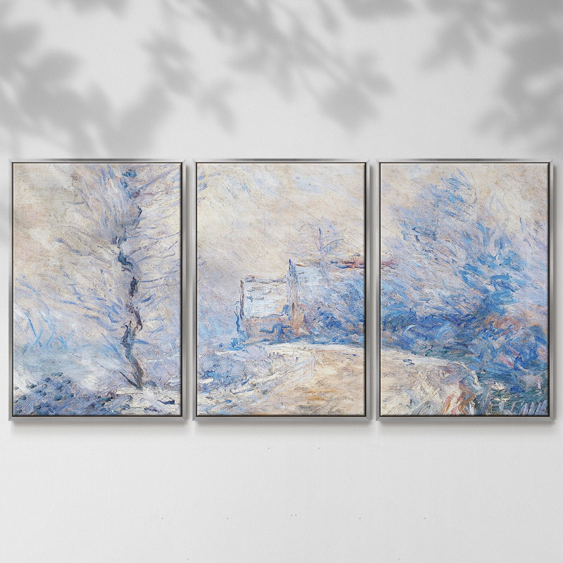 The Entrance to Giverny sous la neige, 1885 - Toile encadrée multi-pièces, Argent, H 36 po x l 75 po x P 2 po