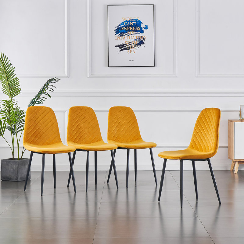 Kaylani Modern Upholstered Dining Chair, Yellow Velvet, Black, 4