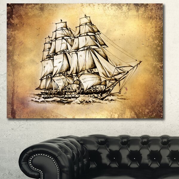 Designart Moving Old Sailboat Drawing Painting 