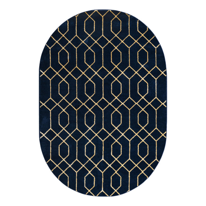 Glam Navy Blue Gold Area Rug, Oval 4'1" x 6'1"