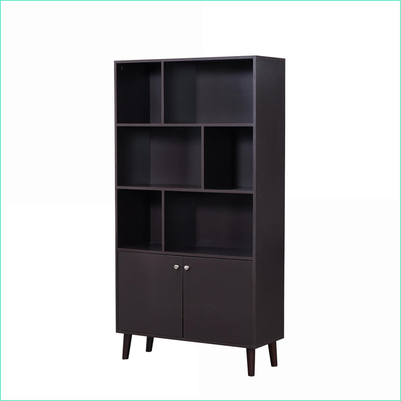 Bibliothèque moderne minimaliste de 67 po à 3 niveaux avec tablettes ouvertes 2 armoires, brun noyer | Panneau de fibres à densité moyenne | Café