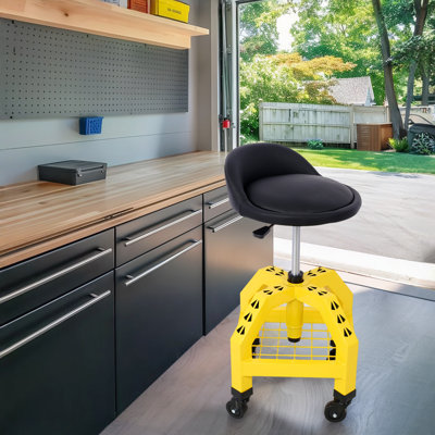 Pneumatic Shop Stool With Casters, Adjustable Rolling Mechanics Seat With Wire Grid Tool Organizer by Inbox Zero