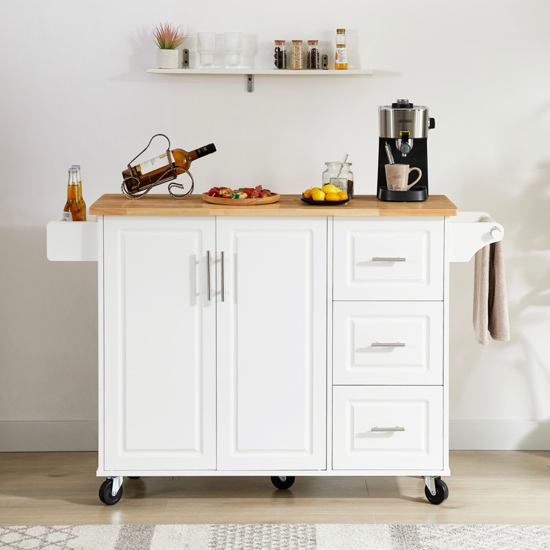 Îlot de cuisine Space avec 5 roulettes lisses, armoire de rangement et comptoir rabattable pliable, Blanc