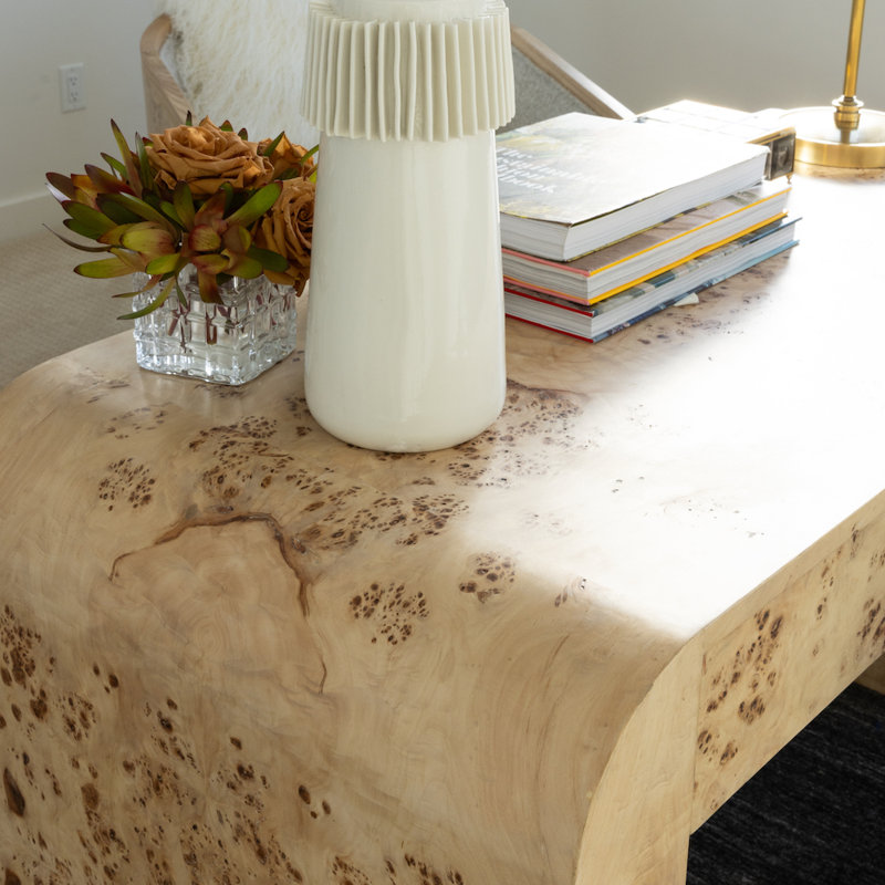 Brea 54'' Writing Desk – Curved Toasted Burl Wood, Modern Sculptural Design, Light Brown