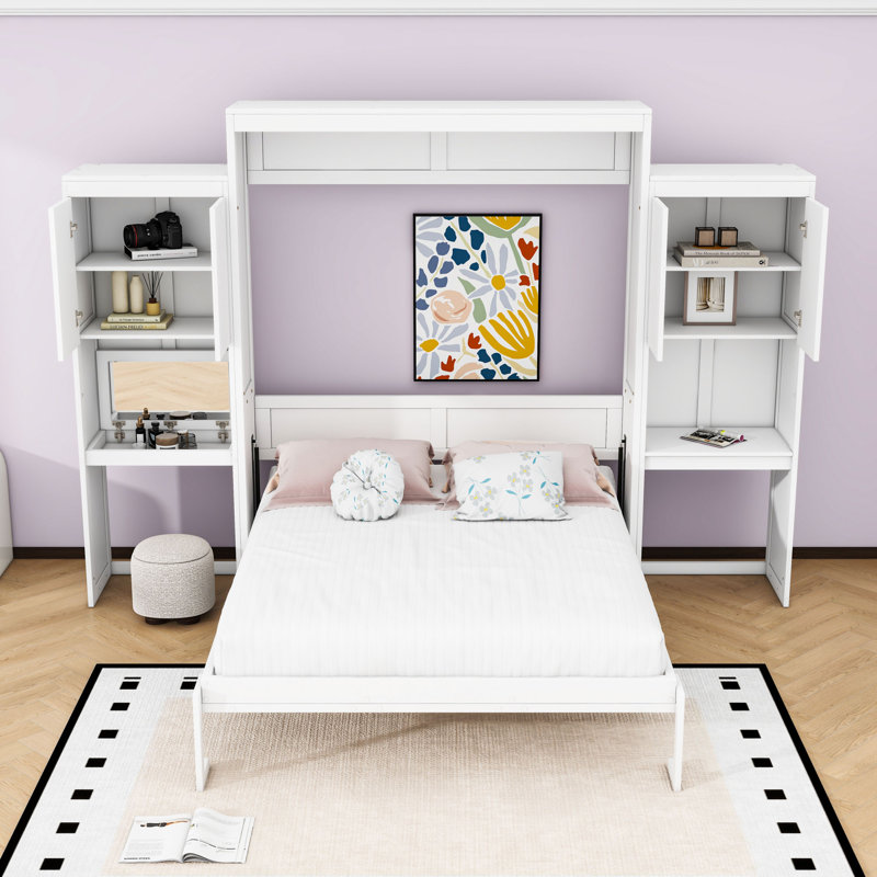 Queen Murphy Bed with Desk and Cabinets, White