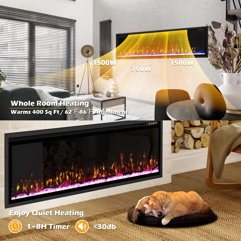 72 Inch Electric Fireplace-Recessed & Wall Mounted Linear Fireplace-750/1500W