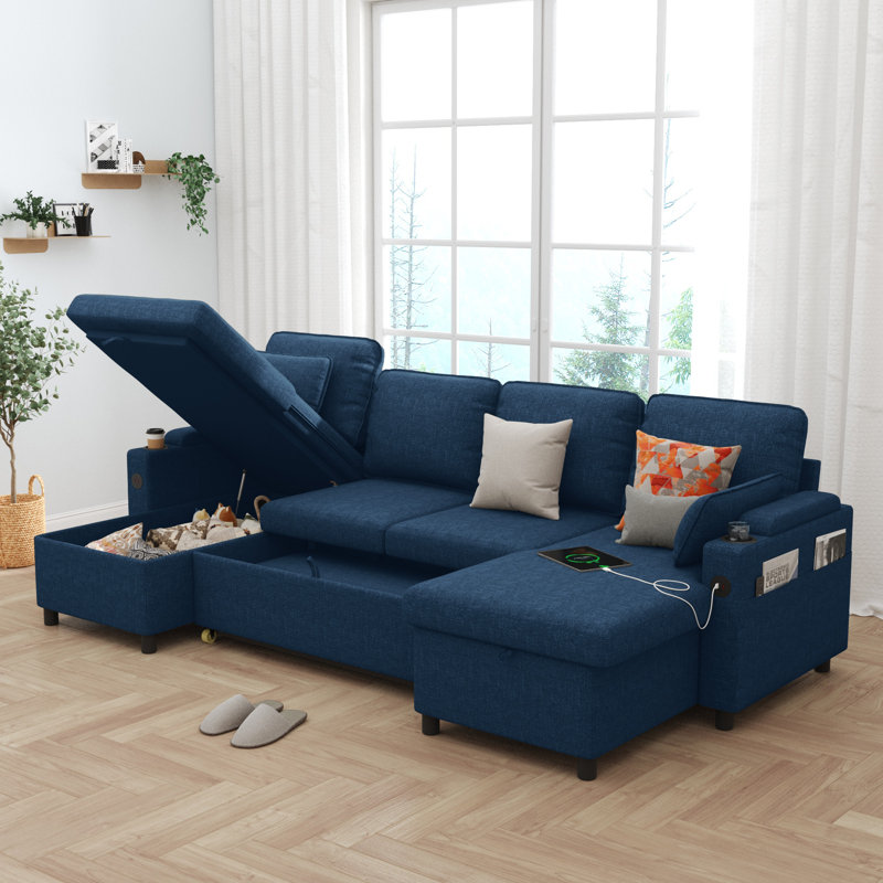 2 In 1 Sleeper Sofa Pull-Out Couch With USB Charging, Storage Chaise, Cup Holder For Apartment, Living Room, Blue