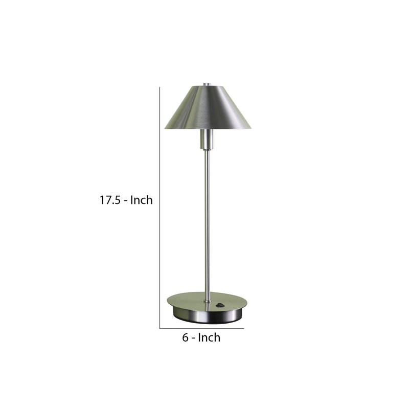 18"  Metal Bedside Table Lamp With  Cone Shade, Silver