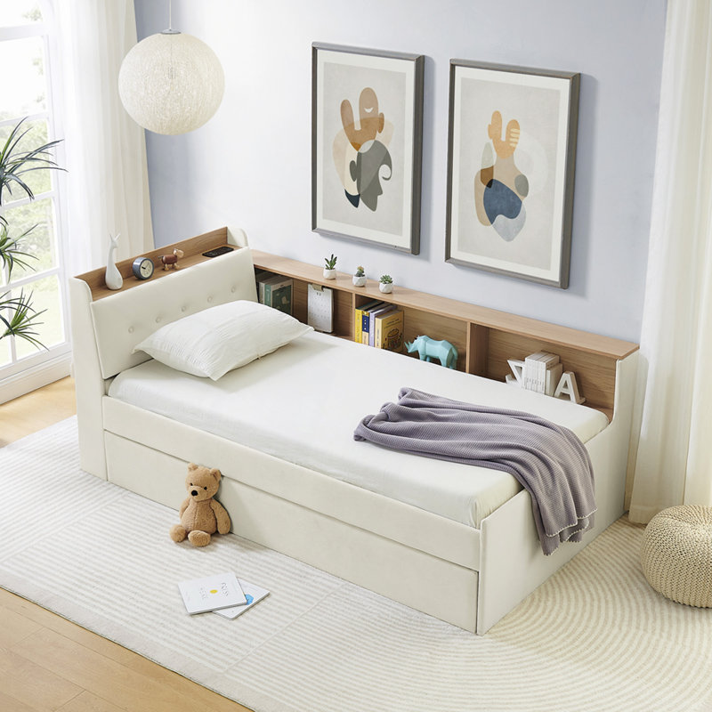 Upholstery Velvet Height Adjustable Day Bed With Storage Headboard And Wireless Charging, Multi-Functional Daybed With Trundle Bed & LED Lights