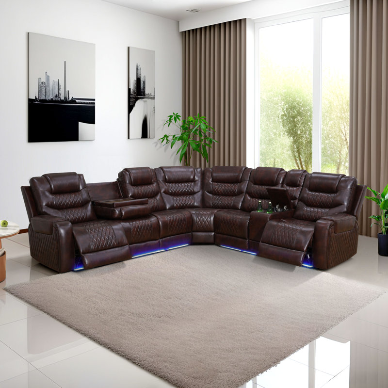 Domnique 3 - Piece Vegan Leather Power Reclining Living Room Sectional Sofa Set with Wireless Chargers and LED Lights
