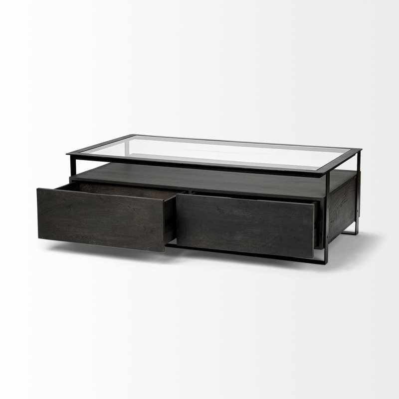 Table basse 30 "rectangulaire en verre transparent et noir avec quatre tiroirs et une tablette