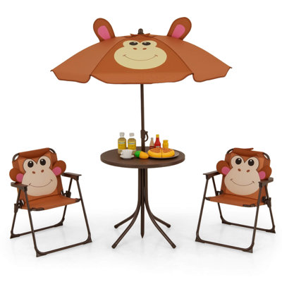 Kids Picnic Table & Chair Set With 2 Folding Chairs & Height Adjustable Umbrella Brown