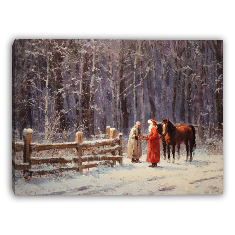 «Winter Meeting by the Fence», art mural sur toile tendue, H 36 po x l 48 po