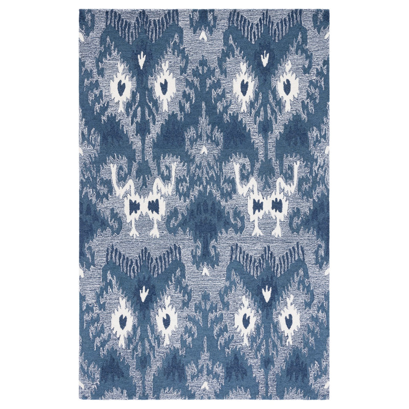 Ikat Hand Tufted Wool/Cotton Ikat Rug in Blue/Ivory, Rectangle 8' x 10'