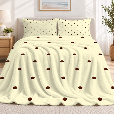 Ensemble de couverture en flanelle légère de qualité supérieure et 2 taies décoratives à pois bruns sur un fond minimaliste jaune pâle, ensemble de literie confortable ultra-doux et chaud pour toute saison, couverture 60 po x 80 po + 2 taies d'oreiller anti-boulochage et lavables à la machine (ensemble de 3)