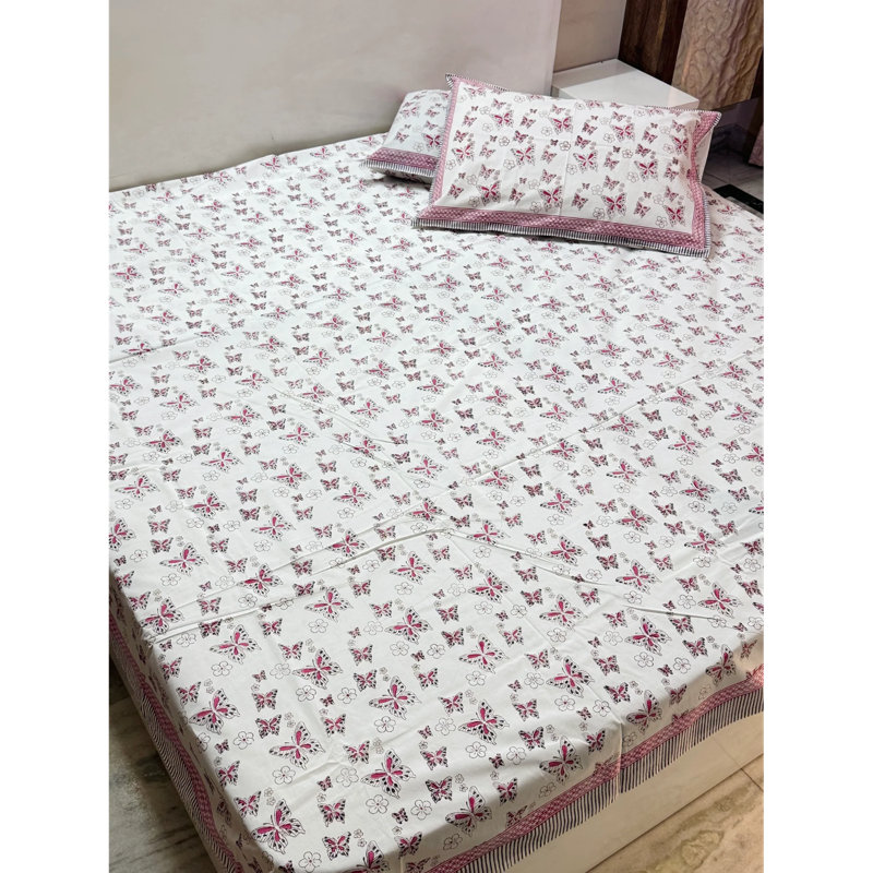 Ensemble de draps en coton rose imprimé à la main avec taies d'oreiller