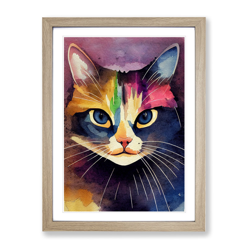 Cat Watercolour No.1 - Wall Art, 36cm H x 27cm W x 2cm D, Oak Framed, White