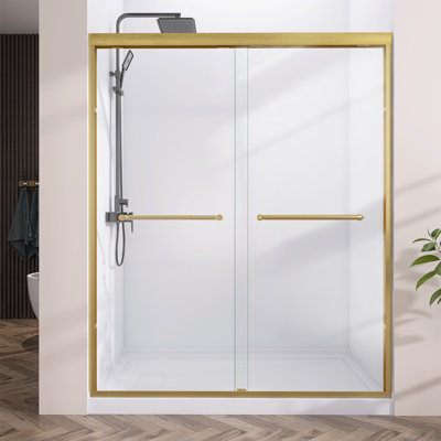 Amy  50" - 54" W X 72" H Semi-Frameless Double Sliding Bathroom Shower Door Bypass with Clear Tempered Glass in Brass Gold