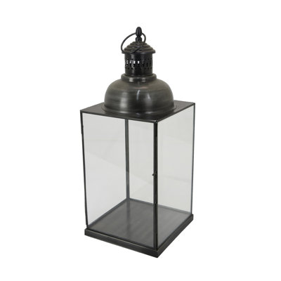 Lanterne Laila, métal noir, panneaux de verre, base carrée