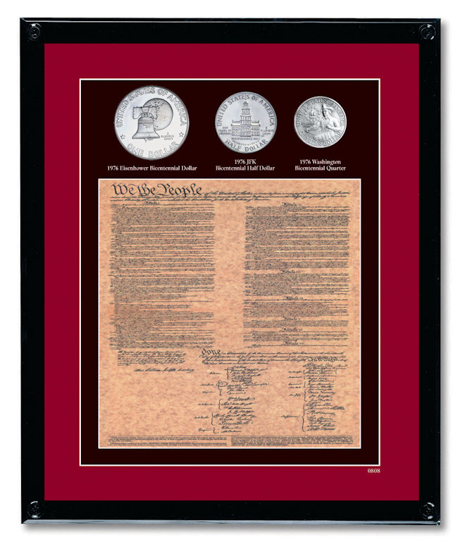 Ensemble de 3 souvenirs encadrées u.s. constitution avec tous les 3 bicentennial