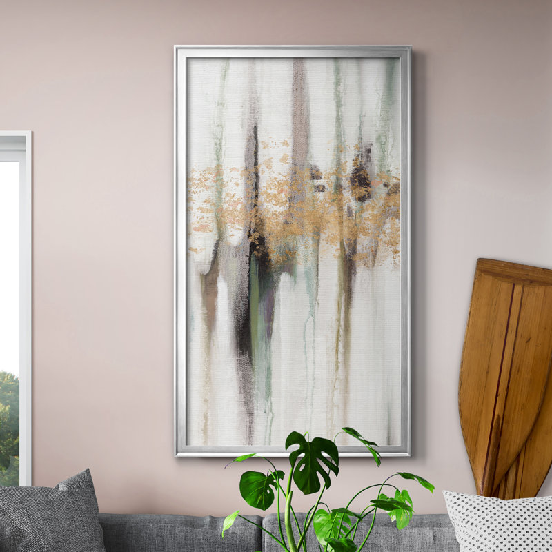 Falling Gold Leaf I - Peinture sur toile encadrée, H 10,5 po x l 18,5 po x P 1,5 po, Argent