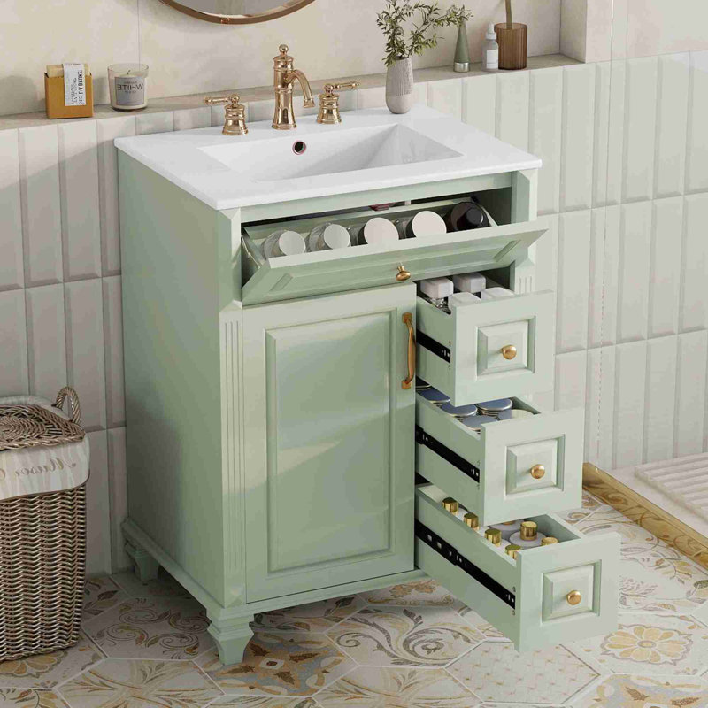 Meuble-lavabo de salle de bain avec lavabo, Vert, Doré, 24"