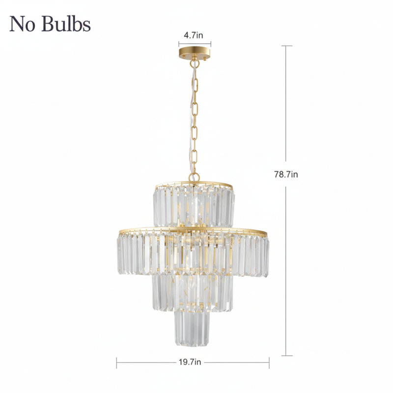 Un lustre en cristal moderne de 20 pouces avec une finition dorée, présentant un design à quatre niveaux pour les salles à manger ou les salons. Ce luminaire suspendu en cristal élégant n'inclut pas d'ampoule.
