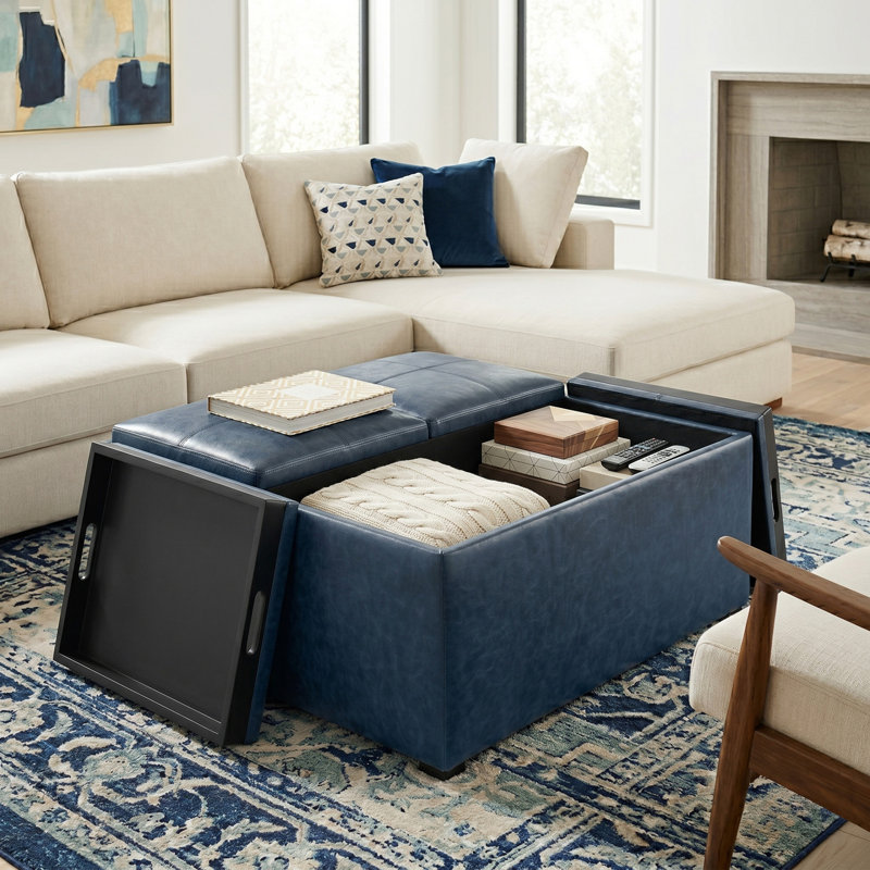 Repose-pieds de rangement pour table basse moderne en cuir végétalien l 35 po Avalon avec 4 plateaux rabattables Avalon, Bleu
