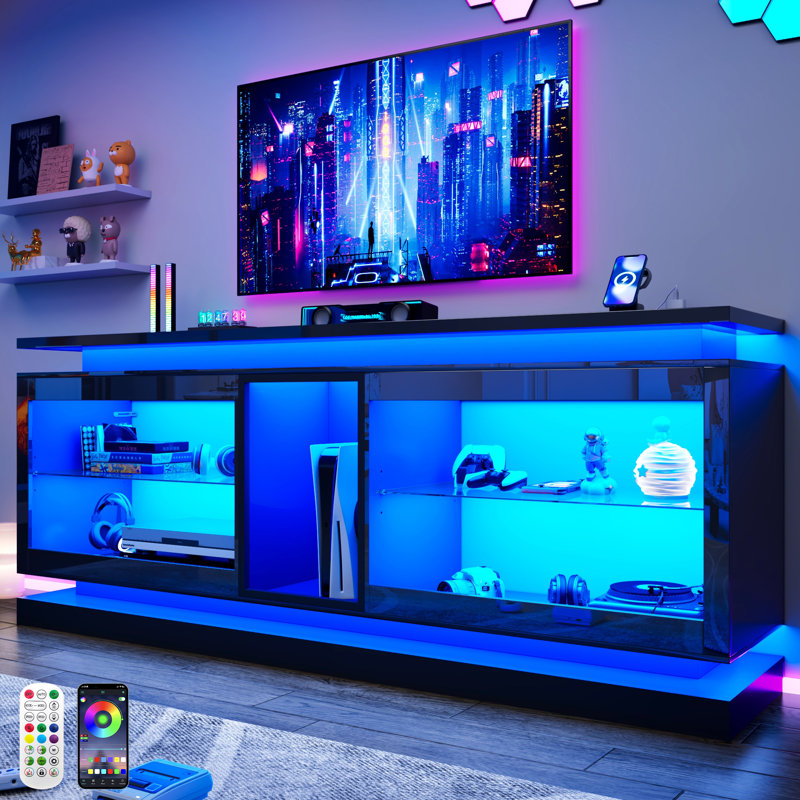 Modern Entertainment Centers With Led Lights, High Gloss Tv Cabinet W/Power Outlet, Storage Open Shelves, Black