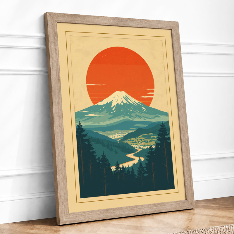 Mountain Under Red Sun Japandi - Framed Print, A1 - 84.1 x 59.4 cm, Oak