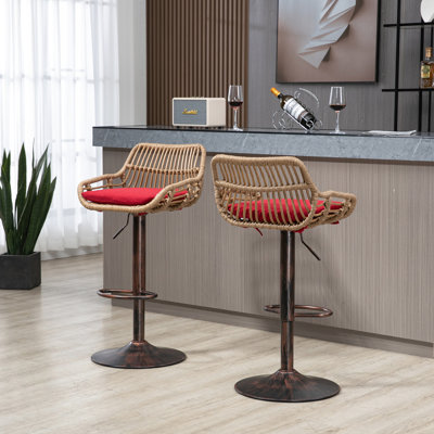 De 2 tabourets de bar modernes en rouge, hauteur réglable avec repose-pieds pour la cuisine et la salle à manger, base en métal, capacité de 250 lb, chaise rembourrée en lin 2 pièces, tabourets pivotants rouges, coussin de siège