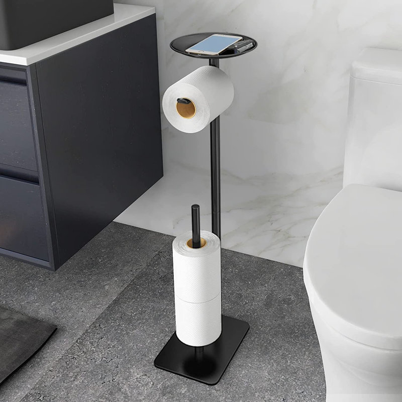 Porte-papier hygiénique sur pied avec tablette de rangement, Noir