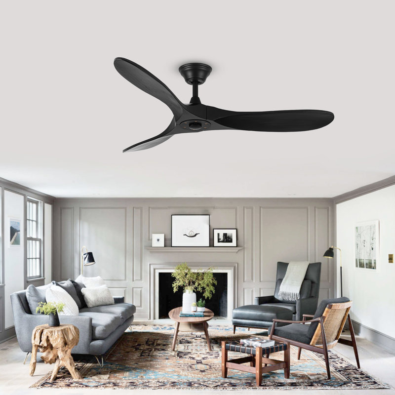 Solid Wood Ceiling Fan with  Remote, 132cm, Black