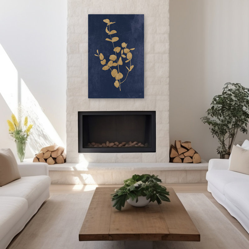 «Botanical Study II Gold» - art botanique eucalyptus bleu doré, H 48 po x l 32 po