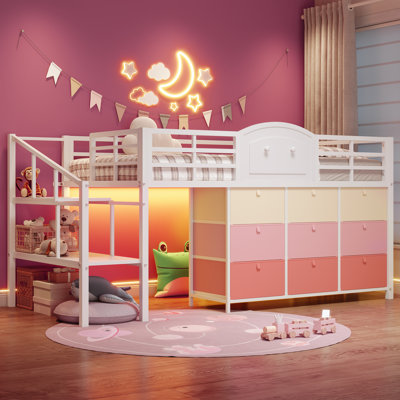 Lit mezzanine bas avec 9 tiroirs, lit mezzanine double en métal avec lumières DEL et espace de rangement sous le lit, blanc