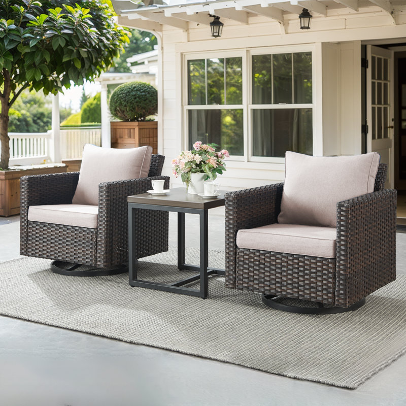  Wicker Swivel Glider Chairs & Side Table With 4 Inch Olefin Cushions, Beige, Brown