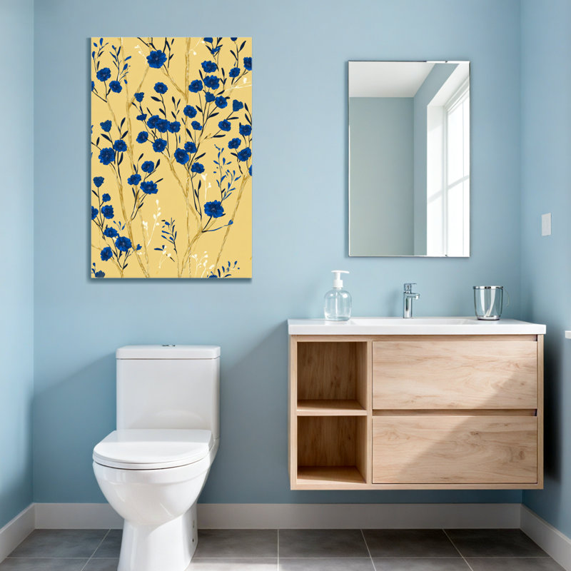 Plantes et fleurs Fleurs bleues sur fond jaune avec des accents dorés, H 36 po x l 24 po