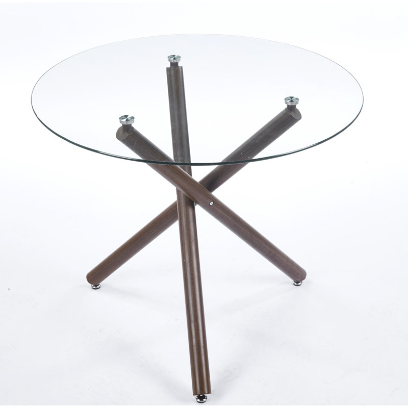 Table de cuisine ronde avec pieds en métal de couleur noyer et plateau en verre trempé noyer moderne