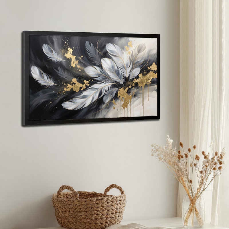 Toile noire encadrée en bois noir pour le salon, la chambre à coucher, le bureau ou le vestibule - décoration murale décorative avec plume dorée