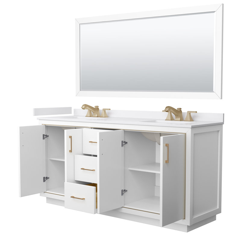 Icon 66" Freestanding Double Bathroom Vanity with Cultured Marble Top, White, Satin Bronze, 72"