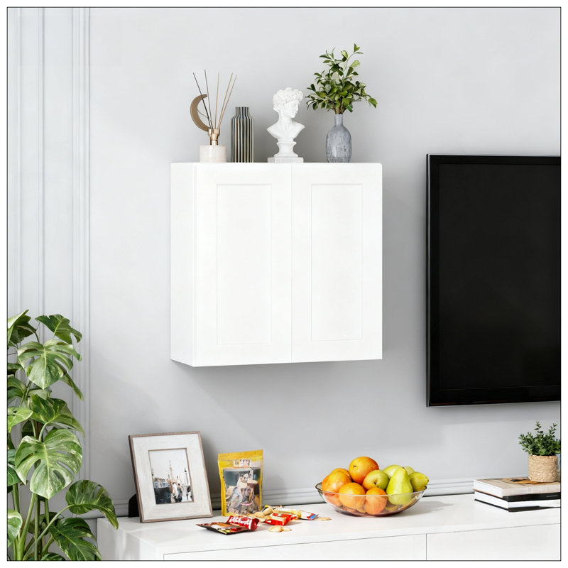 Armoire murale à double porte 30 po en bois massif blanc avec 2 tablettes réglables prêtes à assembler pour la cuisine, la salle de bain, la buanderie et le garage (l 30 po x P 12 po x H 30 po)