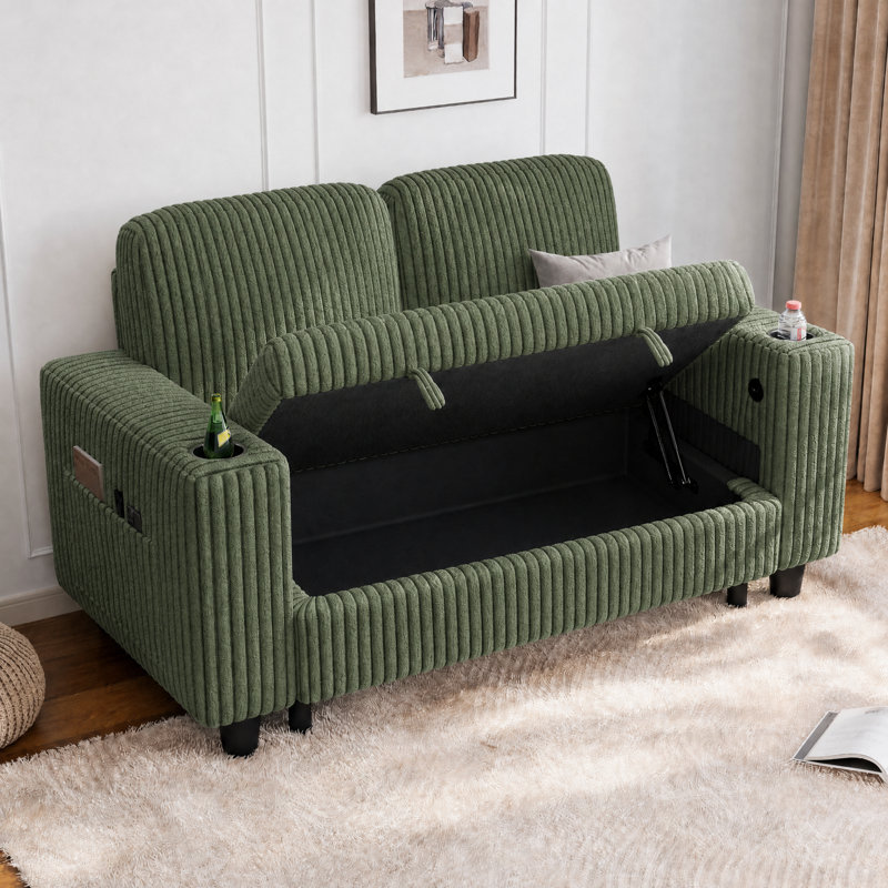 Causeuse avec rangement 56 po Sherry, H 34 po x l 56 po x P 32 po, Velours côtelé vert forêt Bella