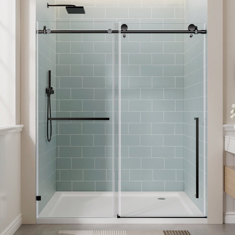 56"-60" W X 78" H Frameless Single Sliding Shower Door, Matte Black Bathtub Door, 3/8" (10Mm) Clear Tempered Glass With Explosion-Proof Film, Stainless Steel Handle